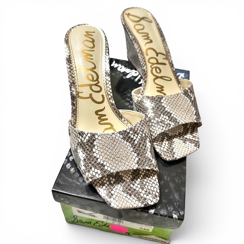 Sam Edelman Tesma Tan Snake Print Leather Wedge Slide Sandals Sz 9 Square Toe